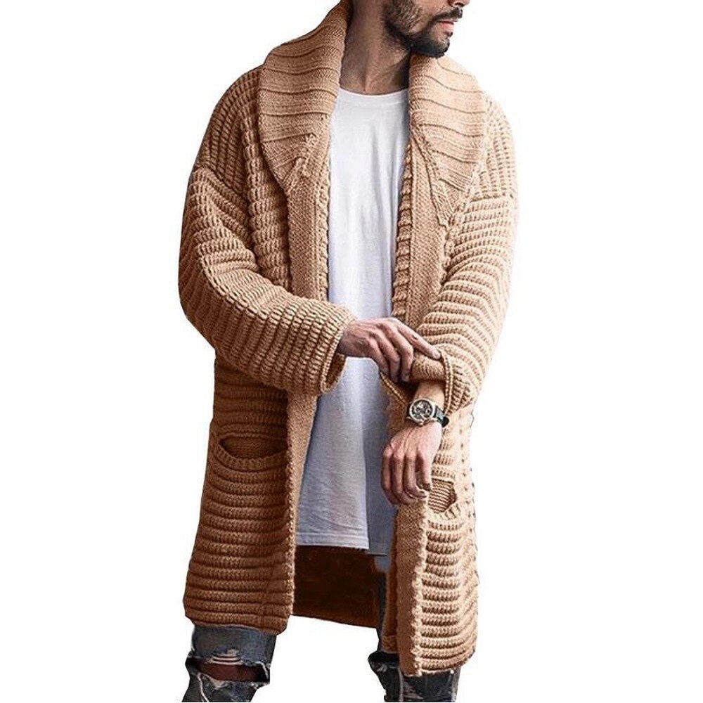 ERIDANUS Fashion Mid Length Men&s Cardigan Sweater Autumn Winter Solid Color Lapel Long Sleeve Knitted Jacket for Men MWK059